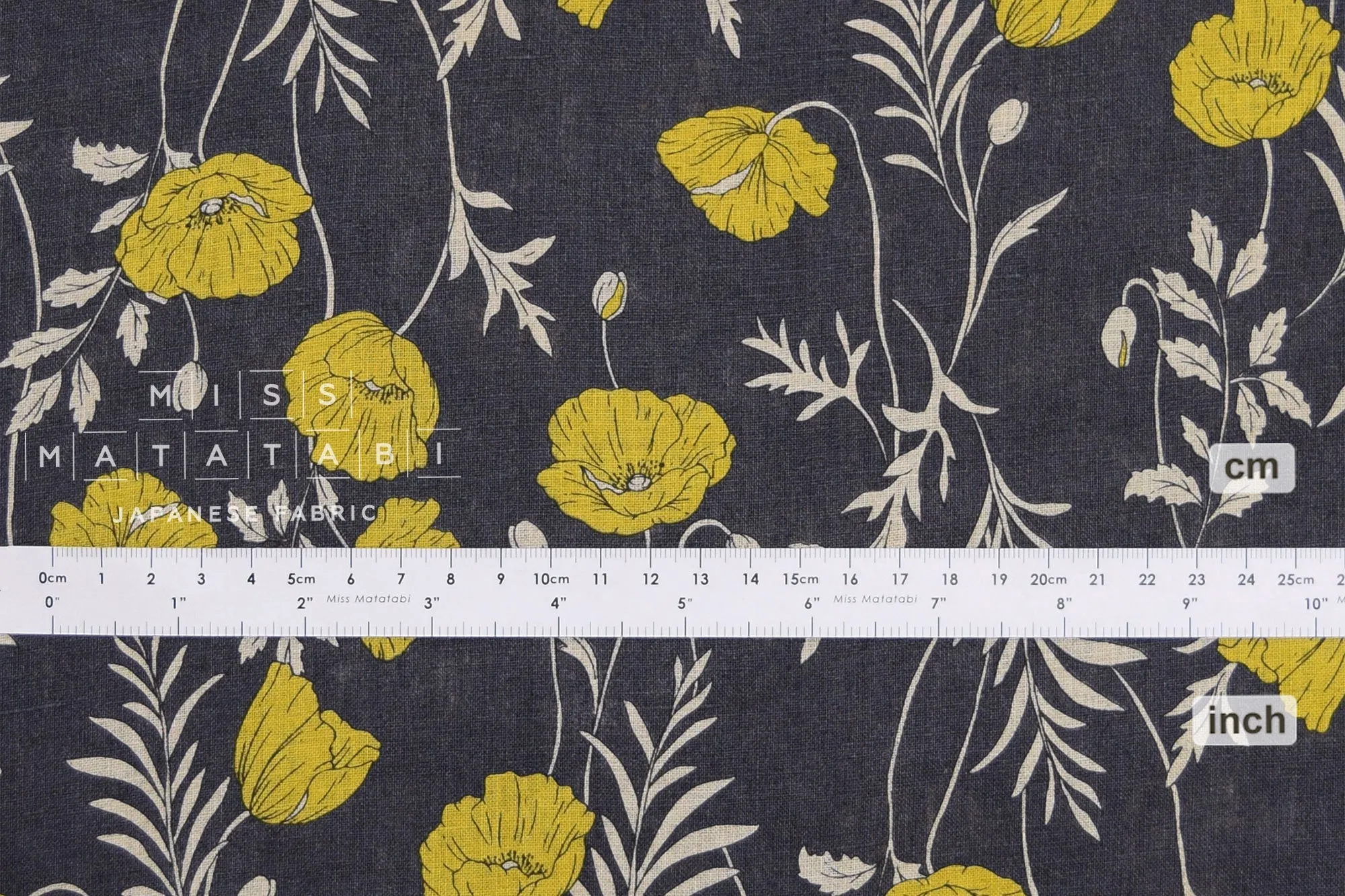 100% linen Poppies II - charcoal, yellow