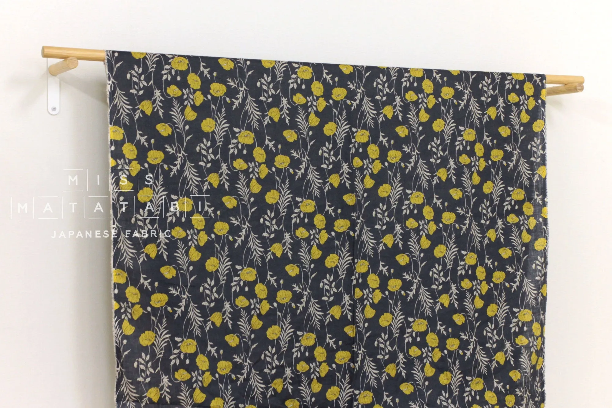 100% linen Poppies II - charcoal, yellow