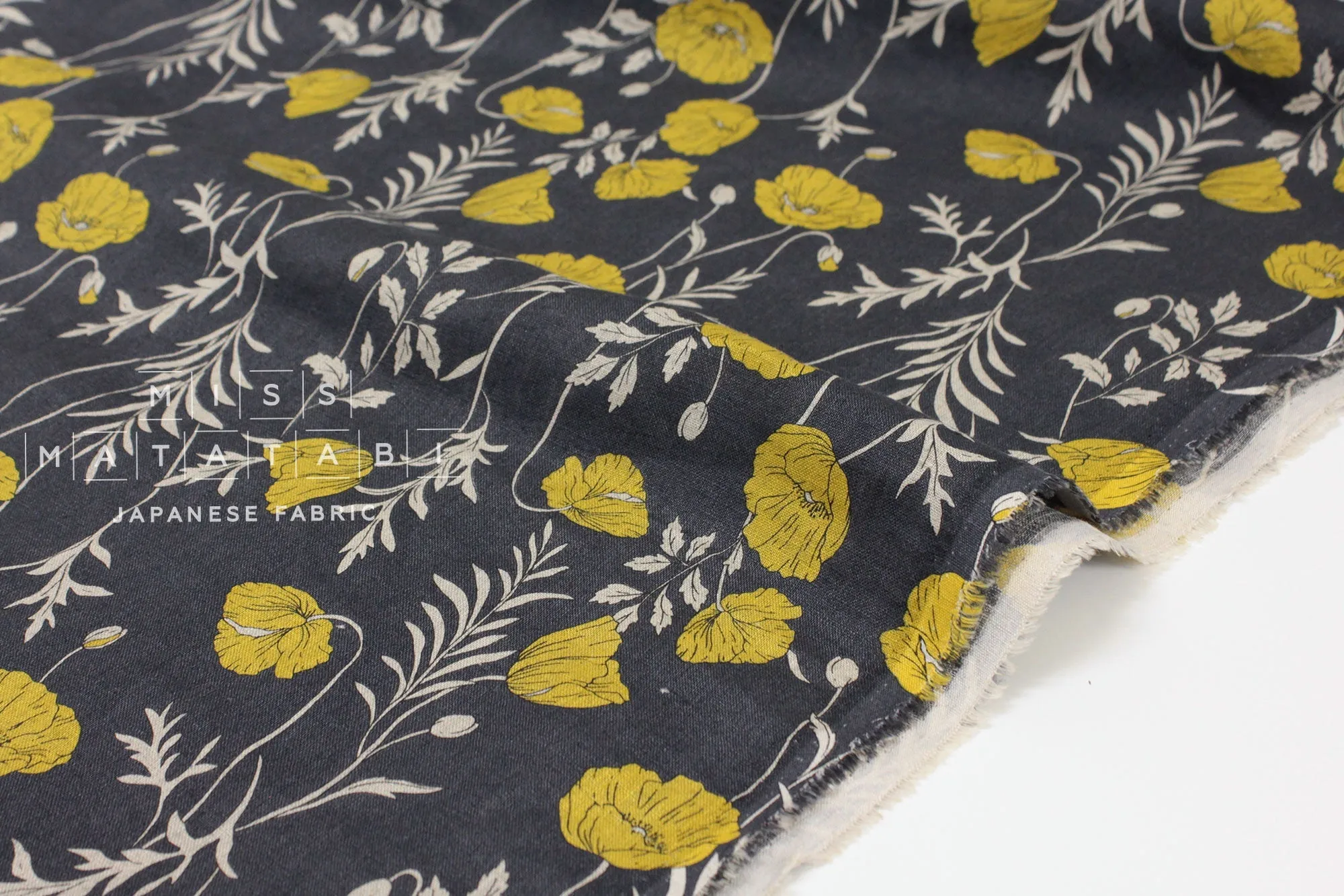 100% linen Poppies II - charcoal, yellow