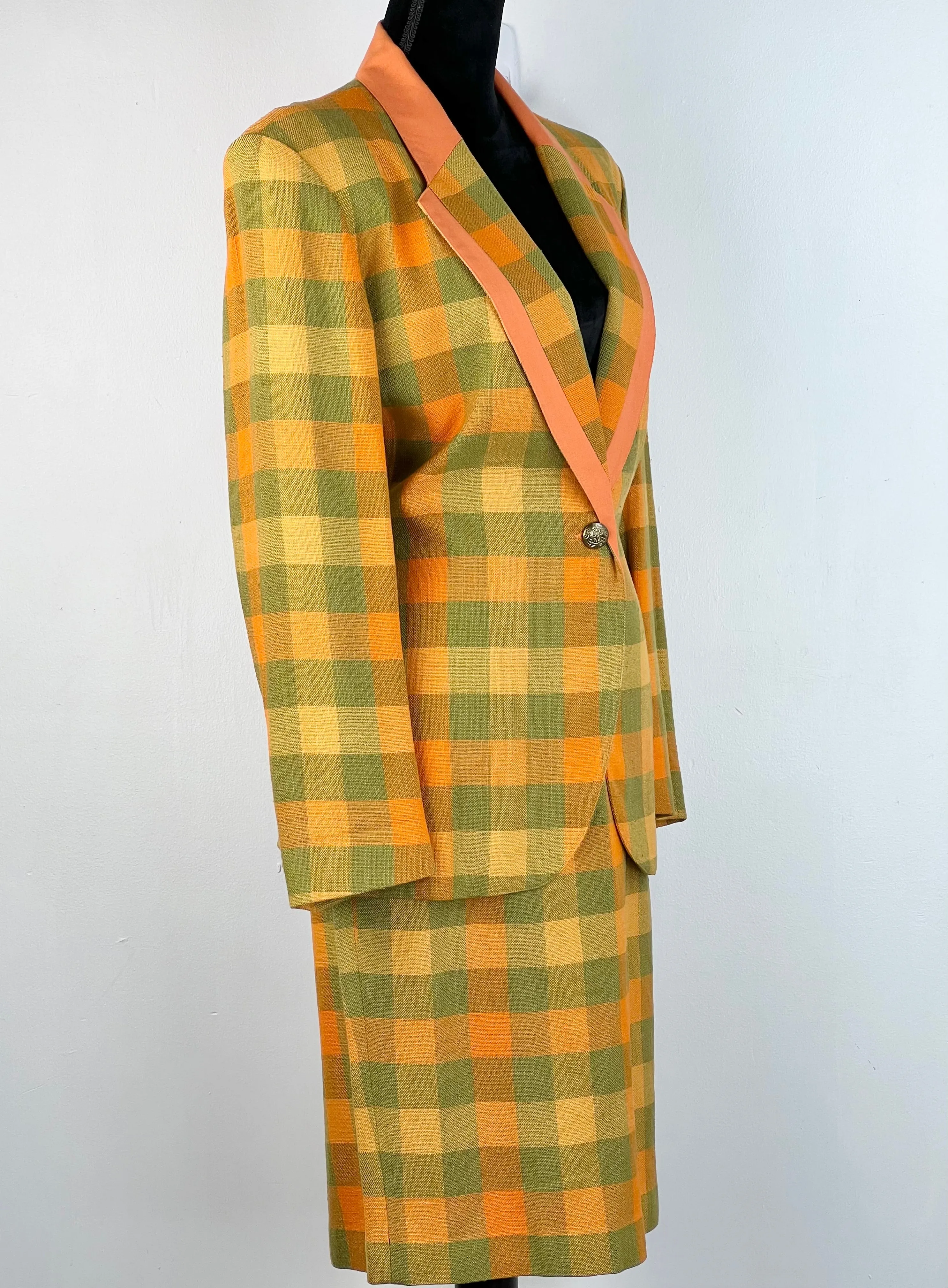 90s Orange   Lime Check Skirt Suit - AU10-12