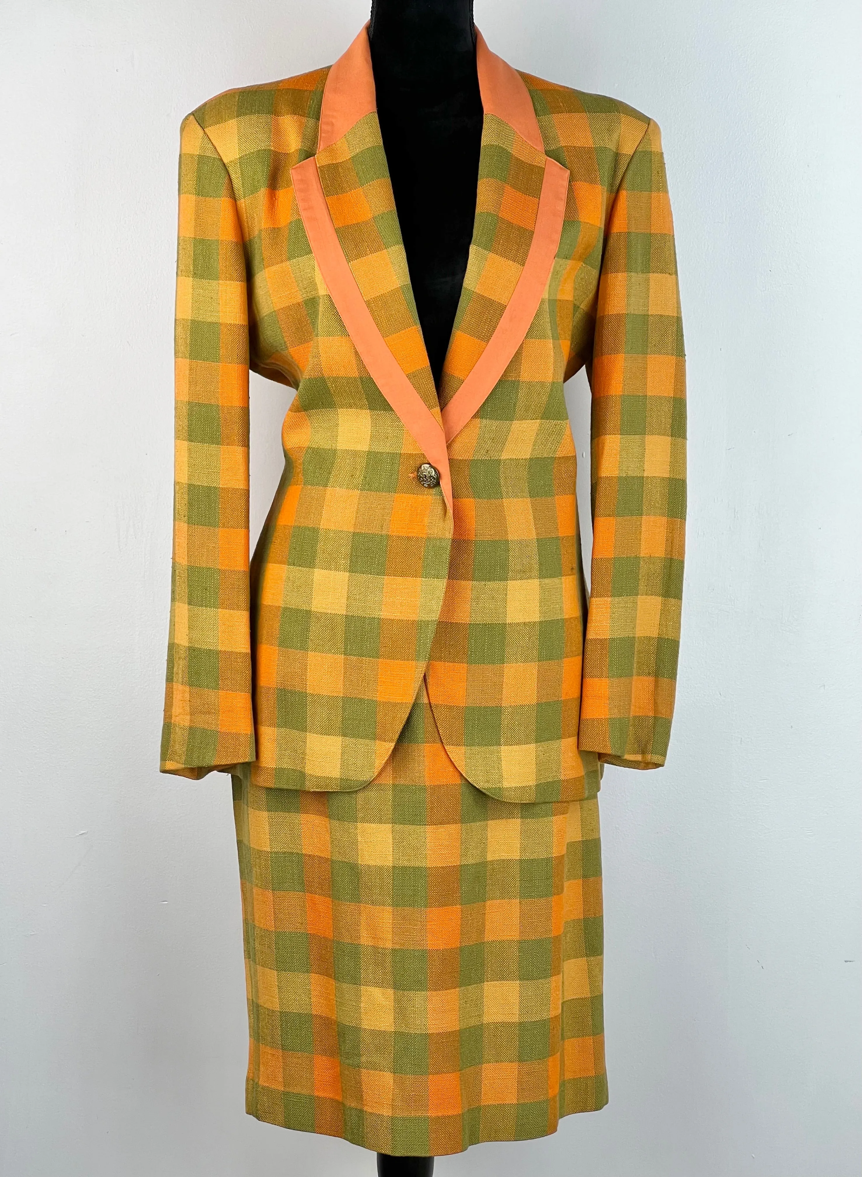 90s Orange   Lime Check Skirt Suit - AU10-12