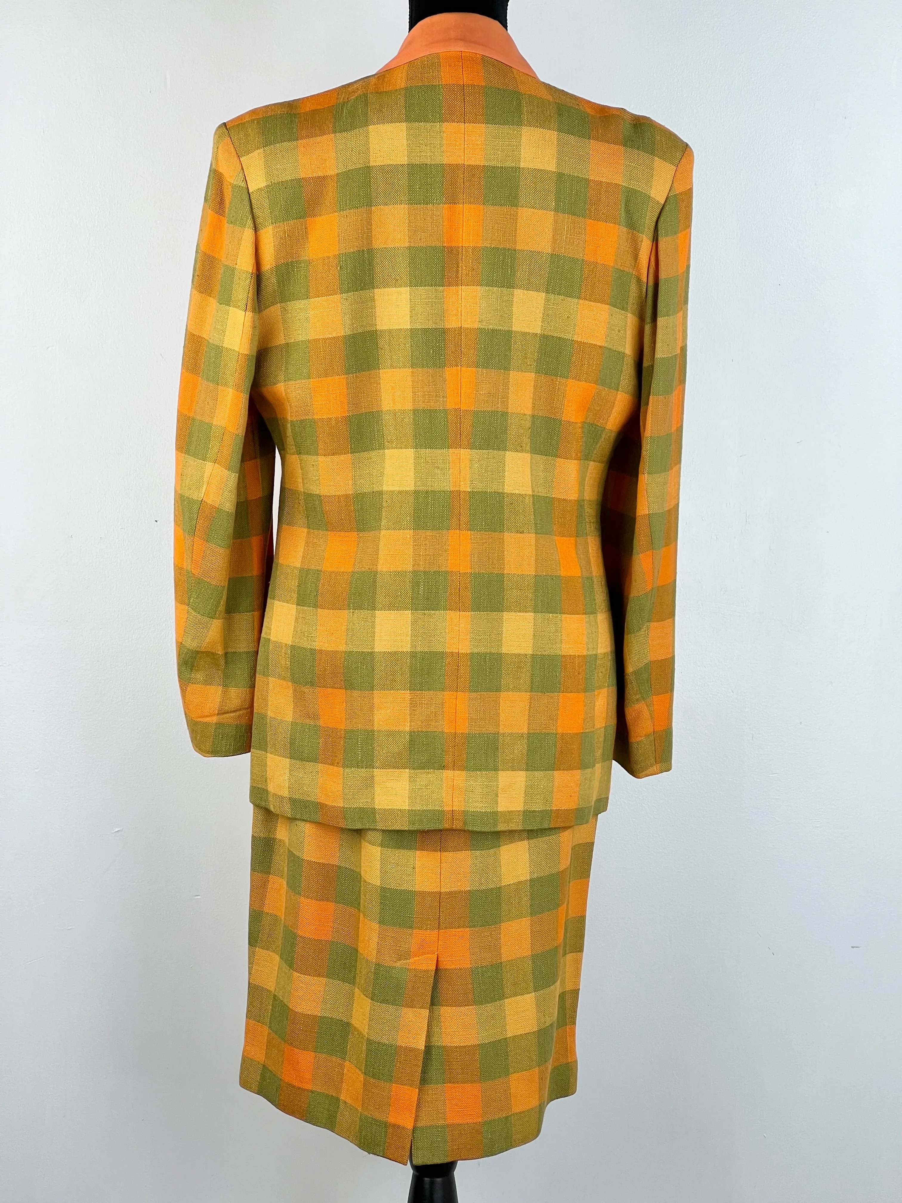 90s Orange   Lime Check Skirt Suit - AU10-12