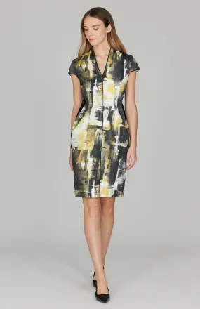 Abstraction Stretch Jacquard High Neck Fitted Dress w/ Cap Sleeves