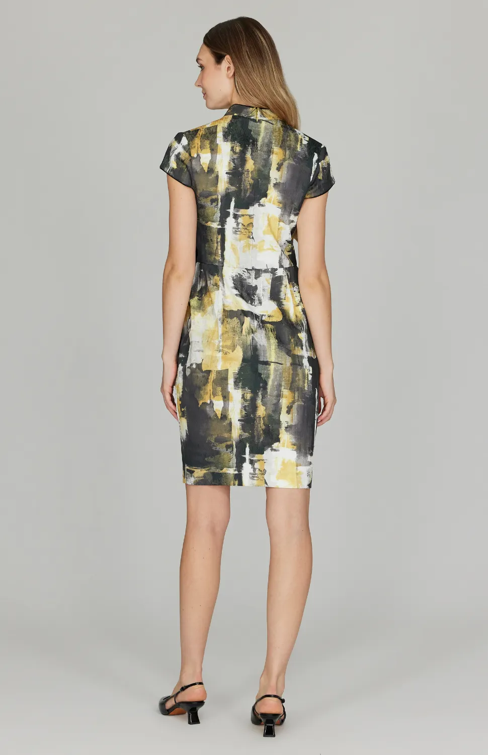 Abstraction Stretch Jacquard High Neck Fitted Dress w/ Cap Sleeves