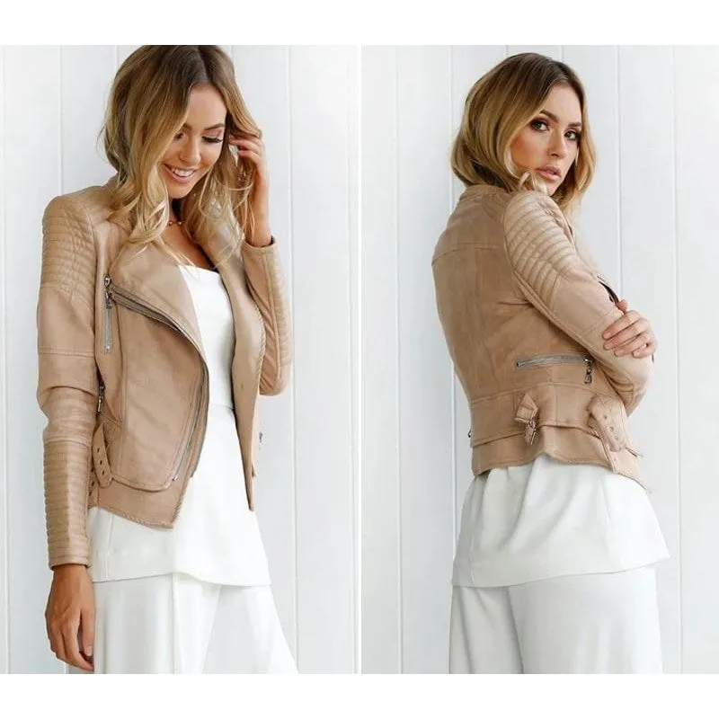 ALISSA VEGAN LEATHER BIKER JACKET- BEIGE