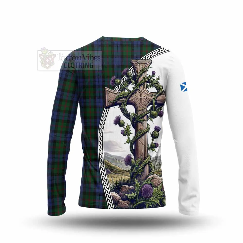 Baird Tartan Long Sleeve T-Shirt with Family Crest and St. Andrew's Cross Accented by Thistle Vines