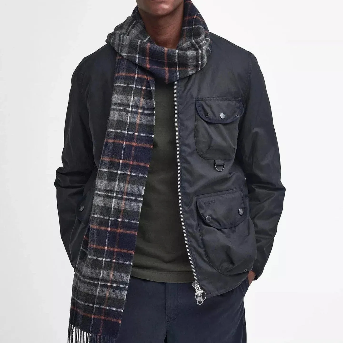 Barbour Check Tartan Scarf In Navy/Dark Ginger