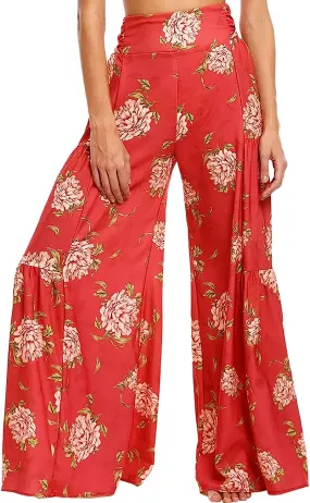 Beautiful Red Rose Printed Bohemian Palazzo Wide Leg Pants