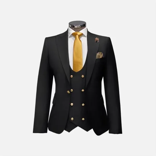 Black Rossiman Men's Slim-fit Double Breasted Suit Gold Buttons