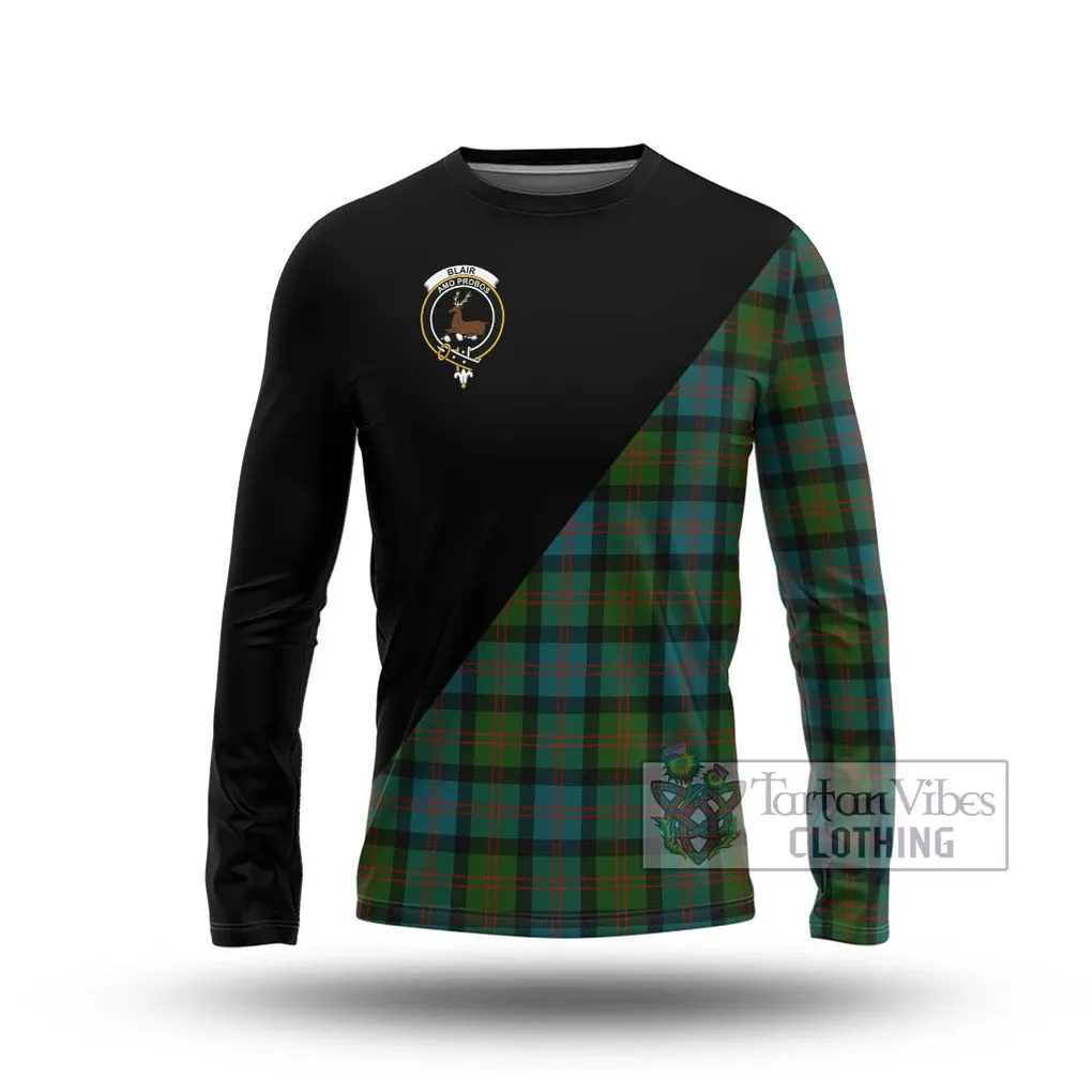 Blair Ancient Tartan Long Sleeve T-Shirt with Family Crest and Military Logo Style