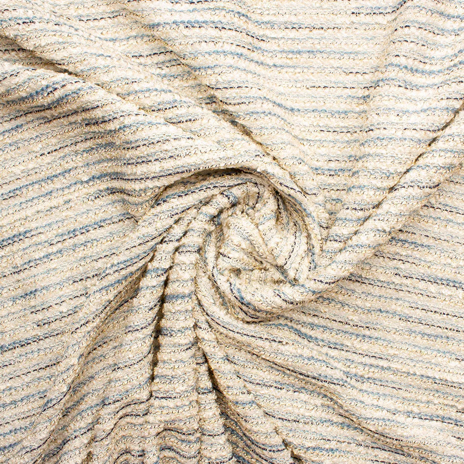 Blue & Ivory Metallic Stretch Bouclé Knit Fabric