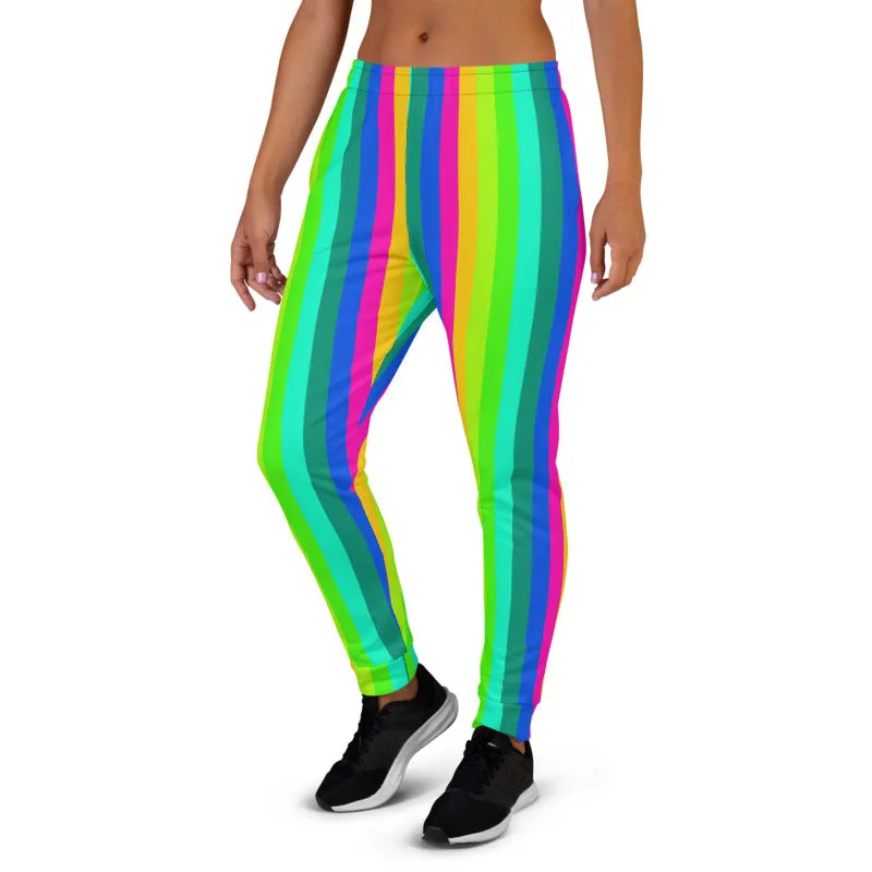 Bright Rainbow Stripe Women's Joggers, Gay Pride Festival Colorful Sweatpants-Made in EU