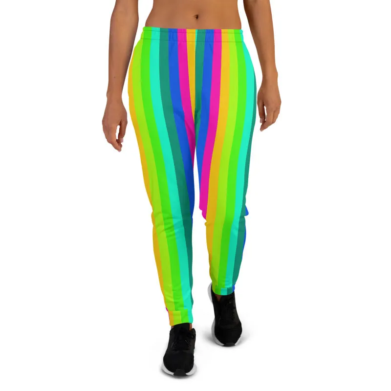 Bright Rainbow Stripe Women's Joggers, Gay Pride Festival Colorful Sweatpants-Made in EU