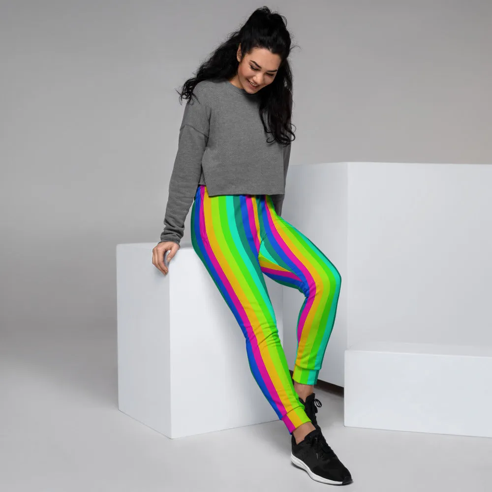 Bright Rainbow Stripe Women's Joggers, Gay Pride Festival Colorful Sweatpants-Made in EU