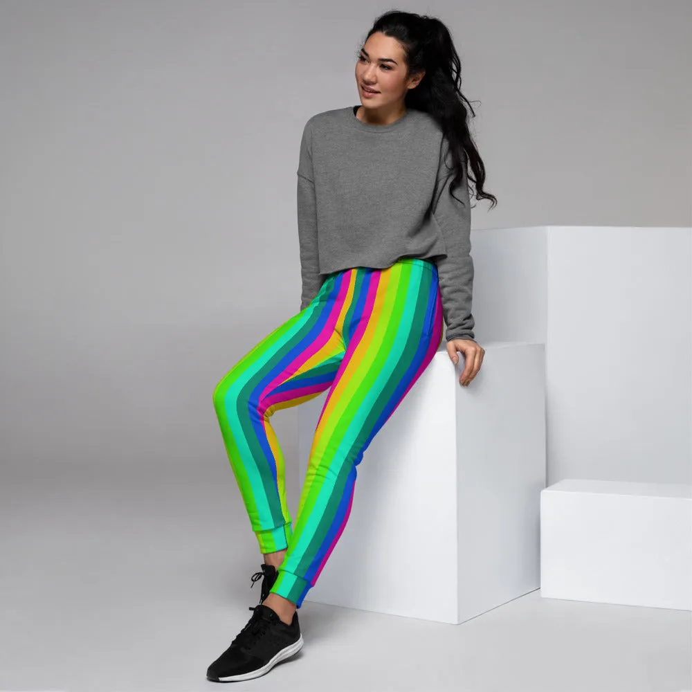 Bright Rainbow Stripe Women's Joggers, Gay Pride Festival Colorful Sweatpants-Made in EU