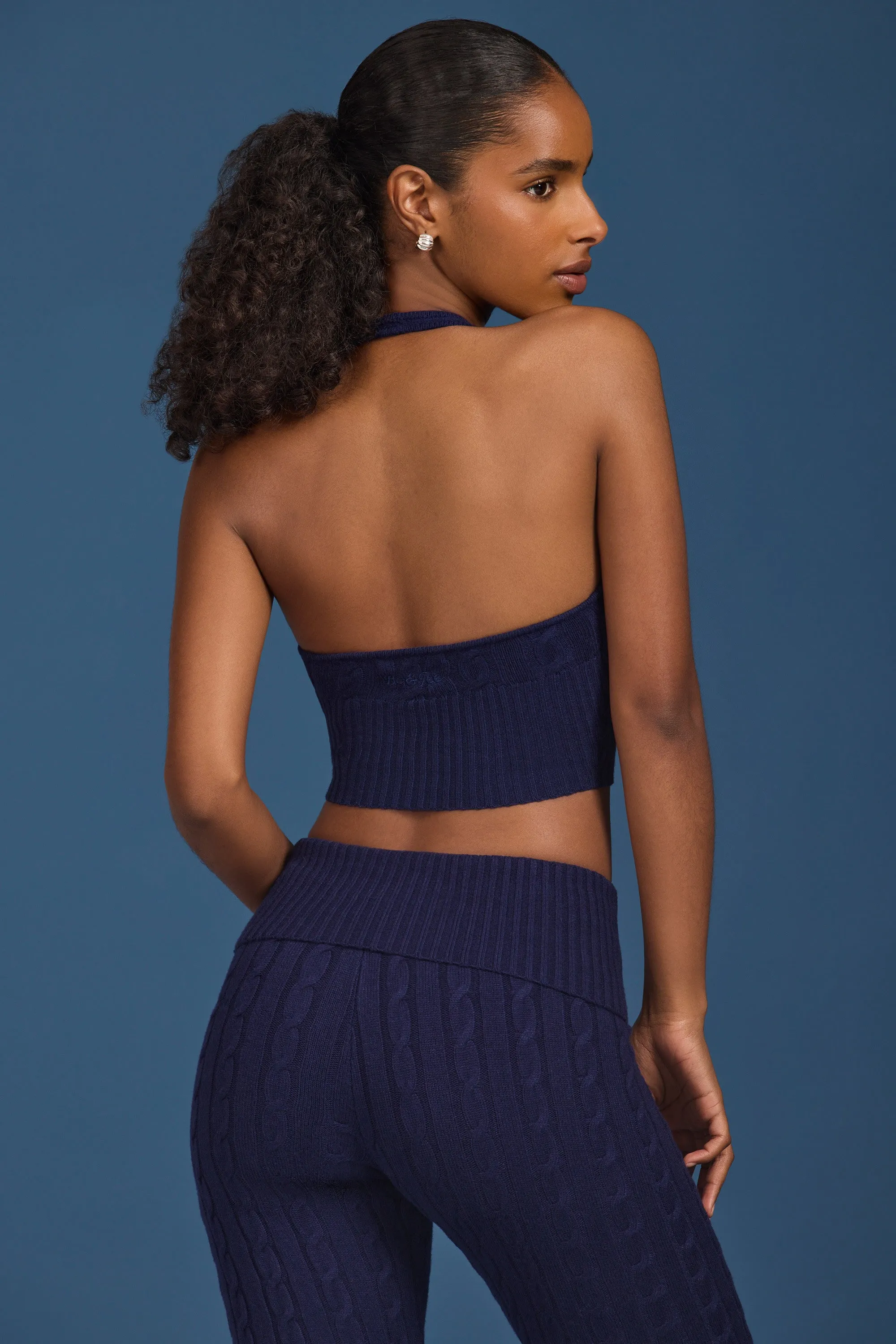 Cable-Knit Halterneck Crop Top in Navy