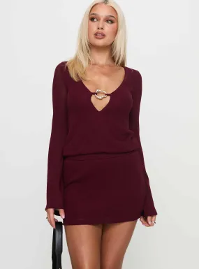 Charming Long Sleeve Mini Dress Maroon