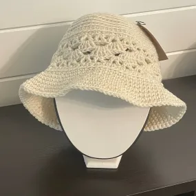 Cream Hand Crocheted Bucket Hat Vintage Retro Style 23.5" Outdoor Handmade Knit Sun Beach Floppy Brim Open Stitch Band Accent Handmade Gift Accessory