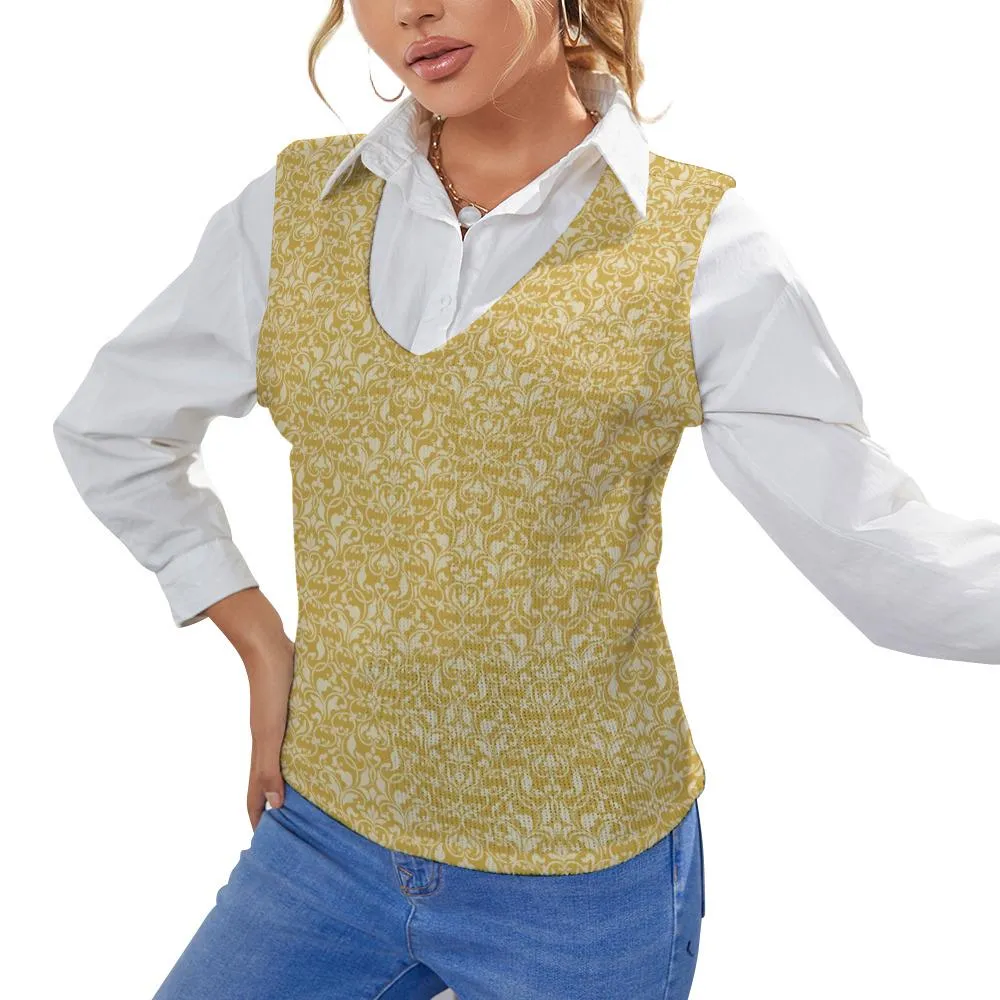 Damask Mustard Yellow Retro Knit Vest - 70s Inspired Sleeveless Top