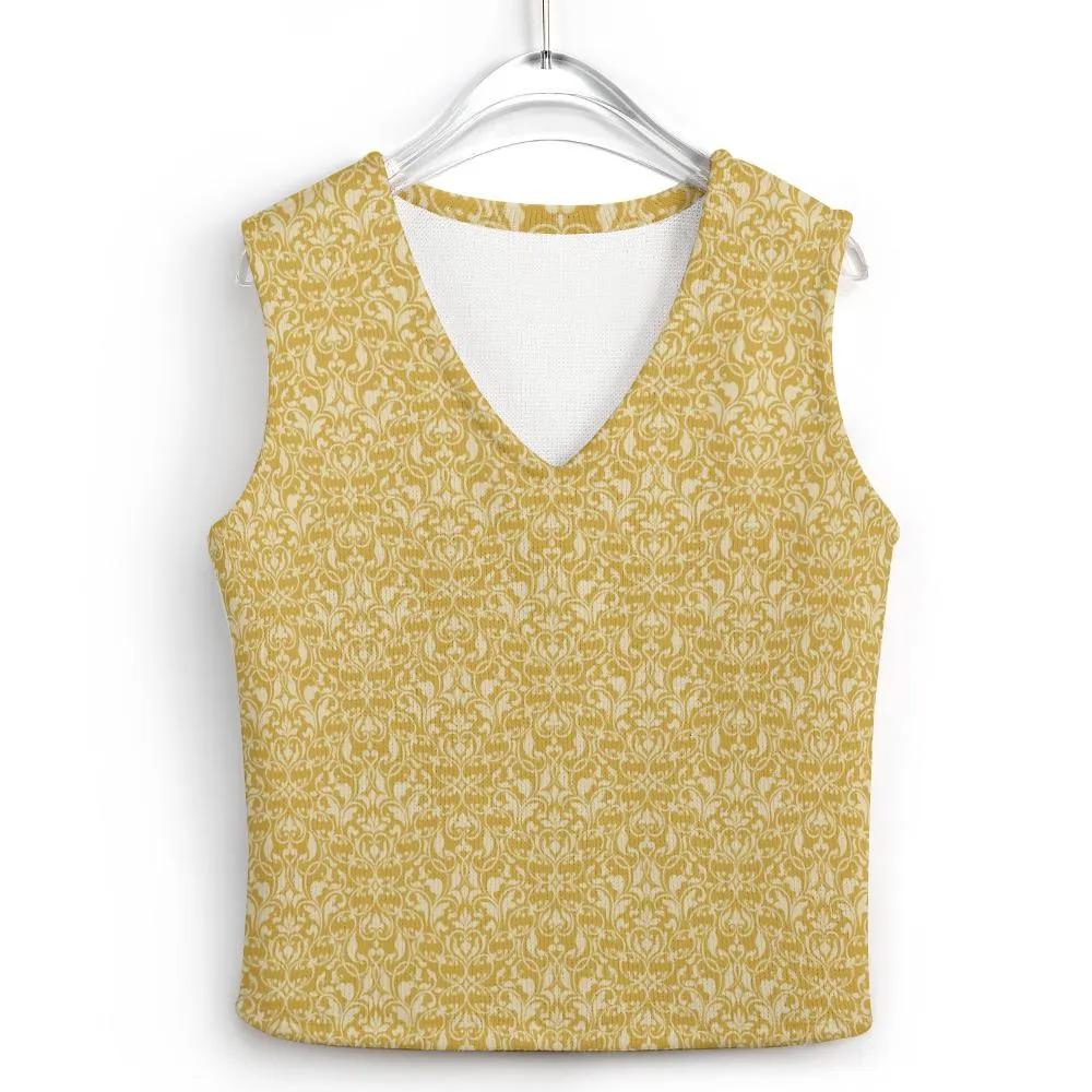 Damask Mustard Yellow Retro Knit Vest - 70s Inspired Sleeveless Top