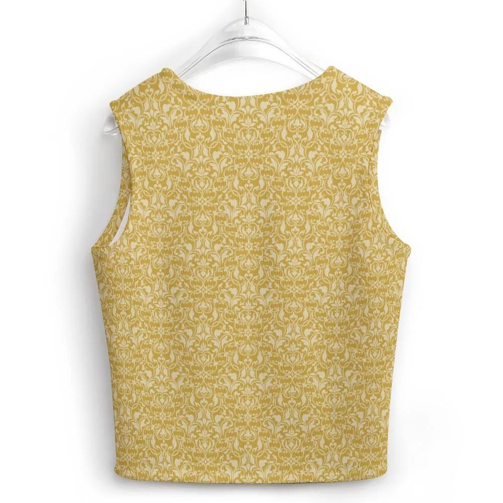 Damask Mustard Yellow Retro Knit Vest - 70s Inspired Sleeveless Top