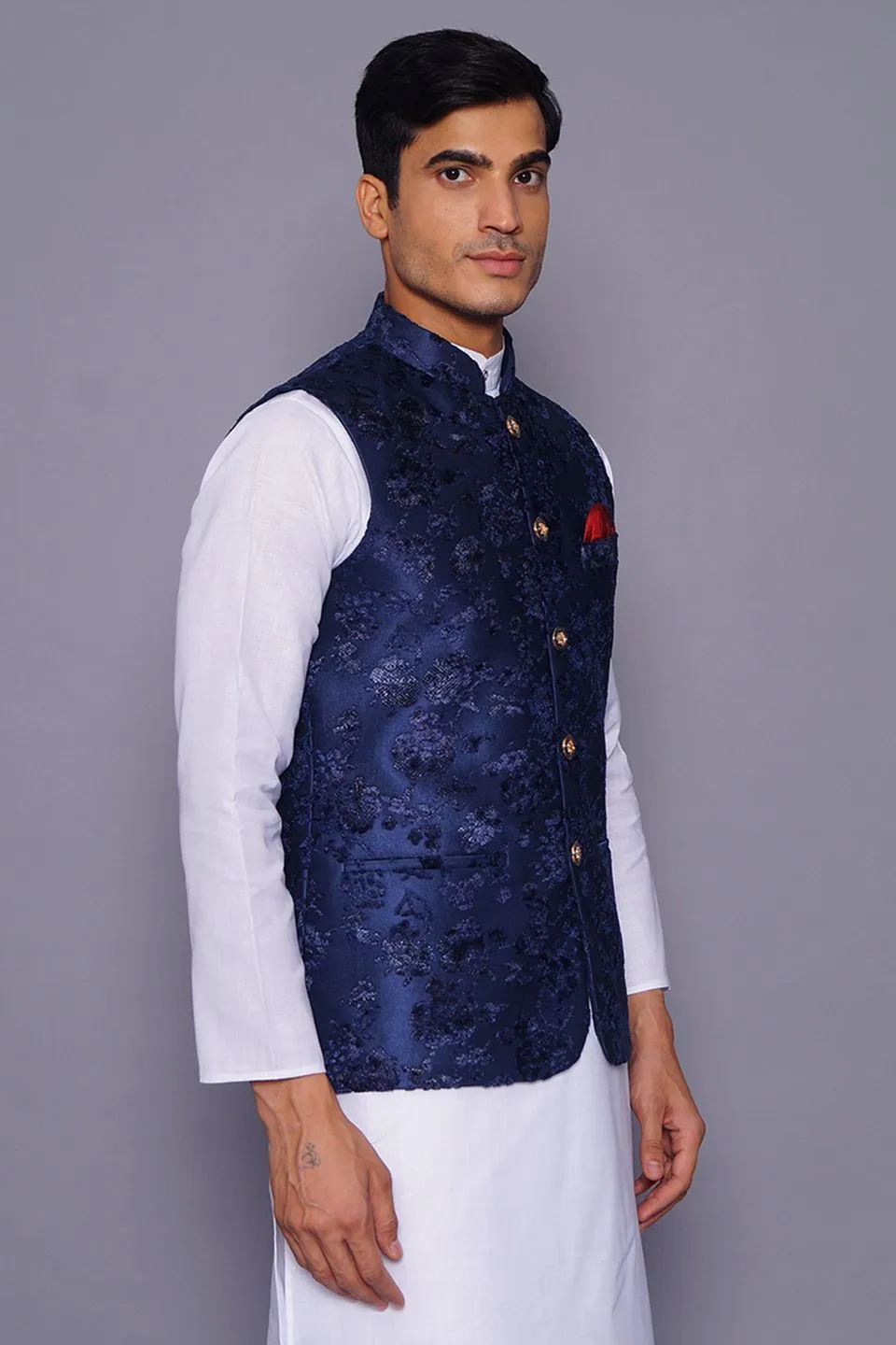 Emroidered Velvet Blue Modi Nehru Jacket