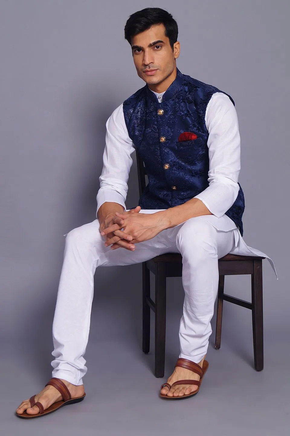 Emroidered Velvet Blue Modi Nehru Jacket