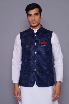 Emroidered Velvet Blue Modi Nehru Jacket