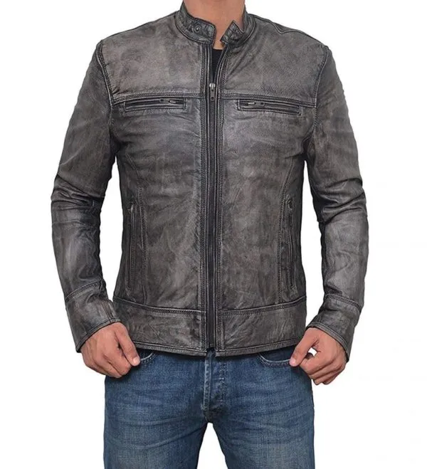 Garcia Mens Leather Distressed Grey Moto Jacket