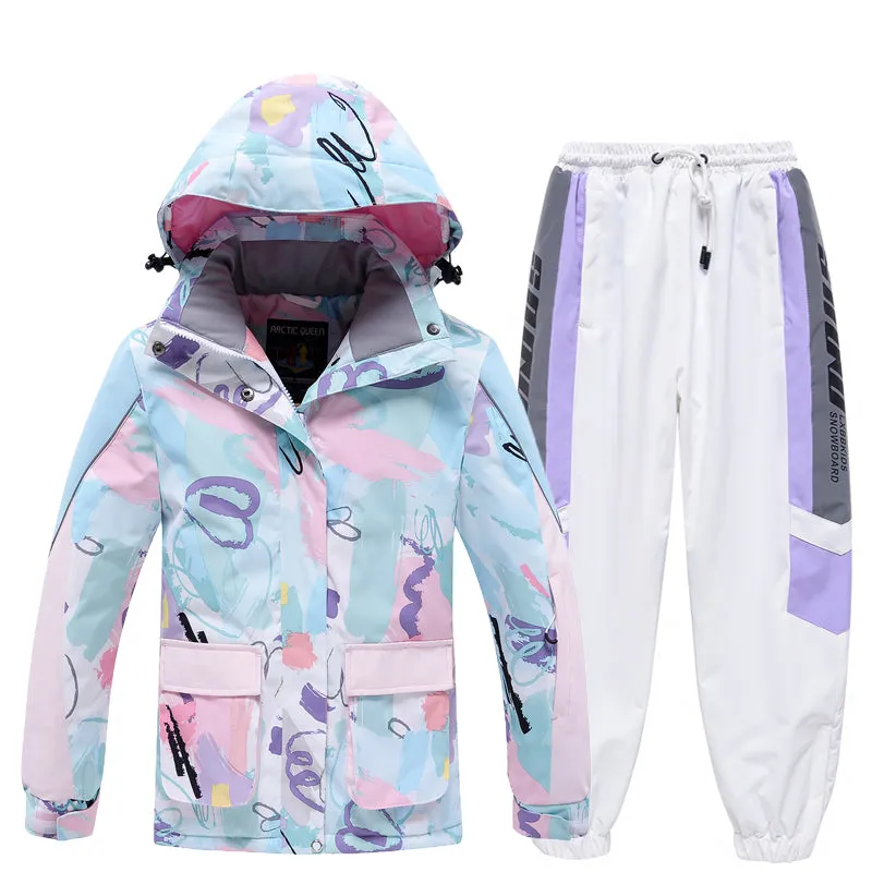 Girls Arctic Queen Cartoon Pattern Reflective Strip Ski Suits