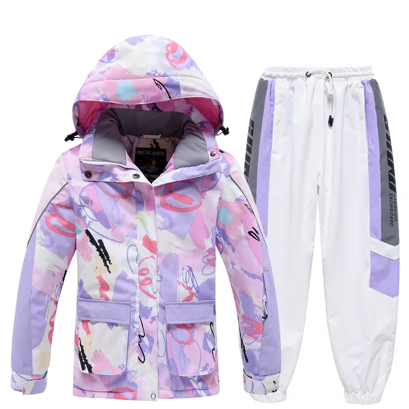 Girls Arctic Queen Cartoon Pattern Reflective Strip Ski Suits