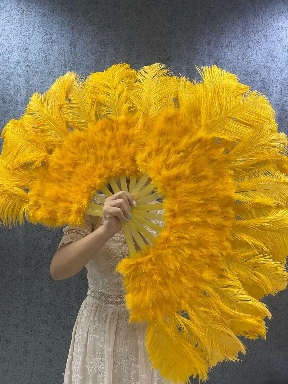 Gold yellow Marabou Ostrich Feather fan 21"x 38"