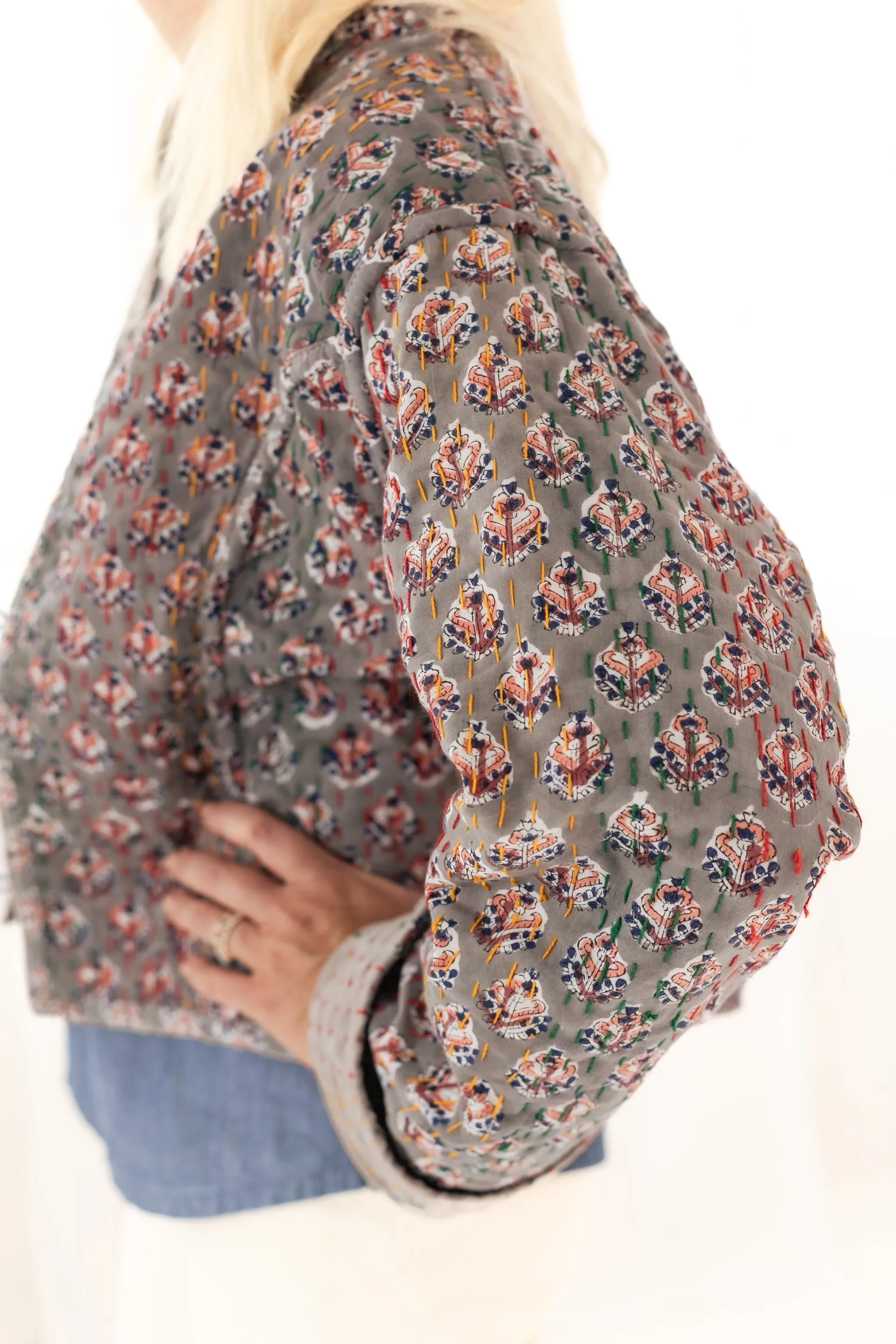 Gray Velvet & Block Print Kantha Jacket