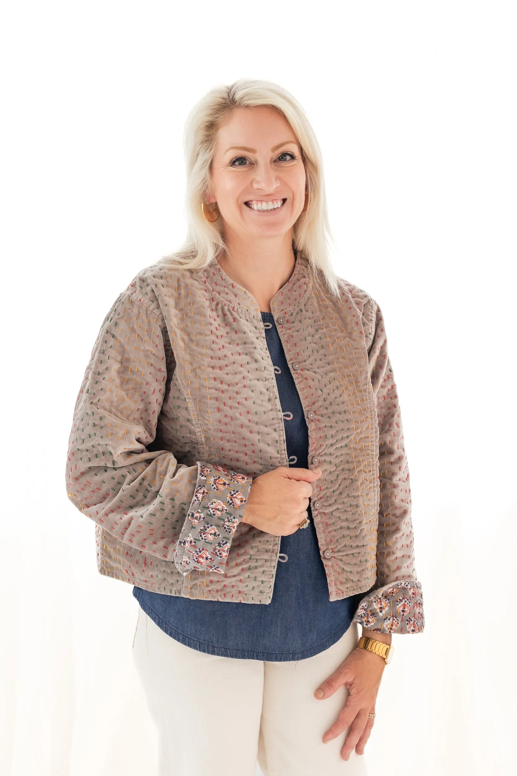 Gray Velvet & Block Print Kantha Jacket