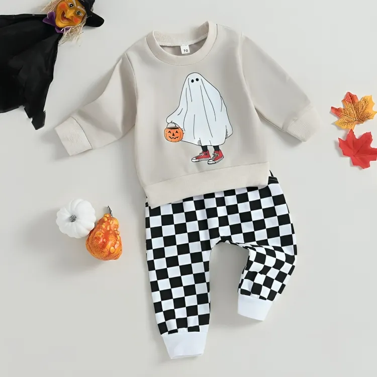 Halloween Ghost Checkered Pants Baby Set