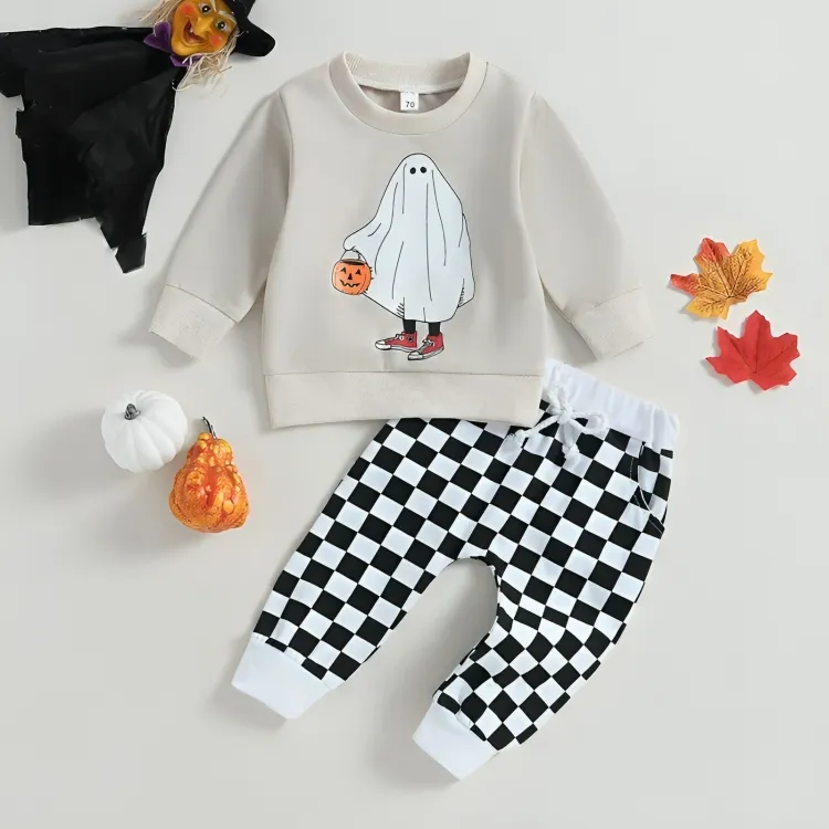 Halloween Ghost Checkered Pants Baby Set