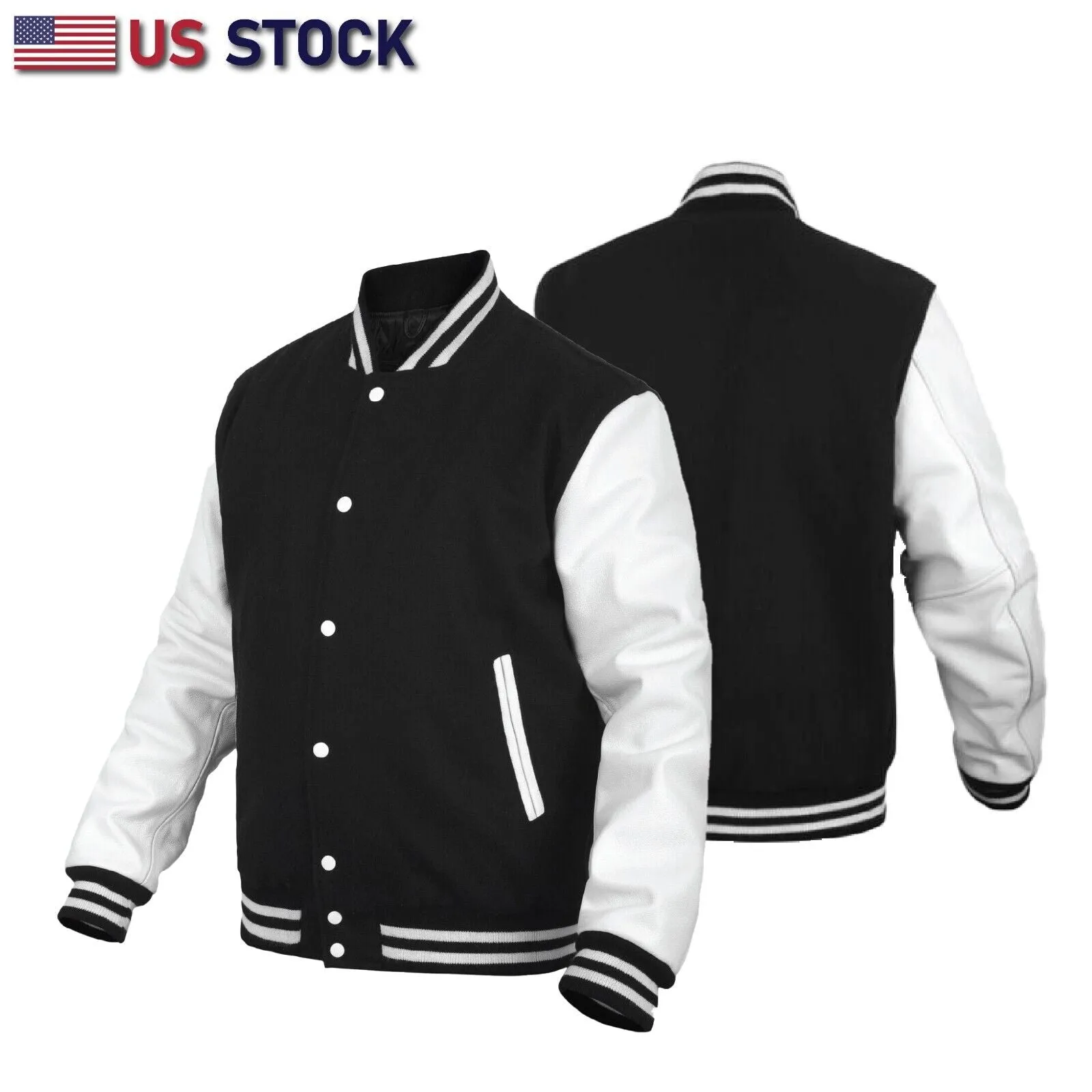 HL2802BLK/WHT Leather Varsity Jacket Letterman Jacket Baseball Jacket Banded Collar