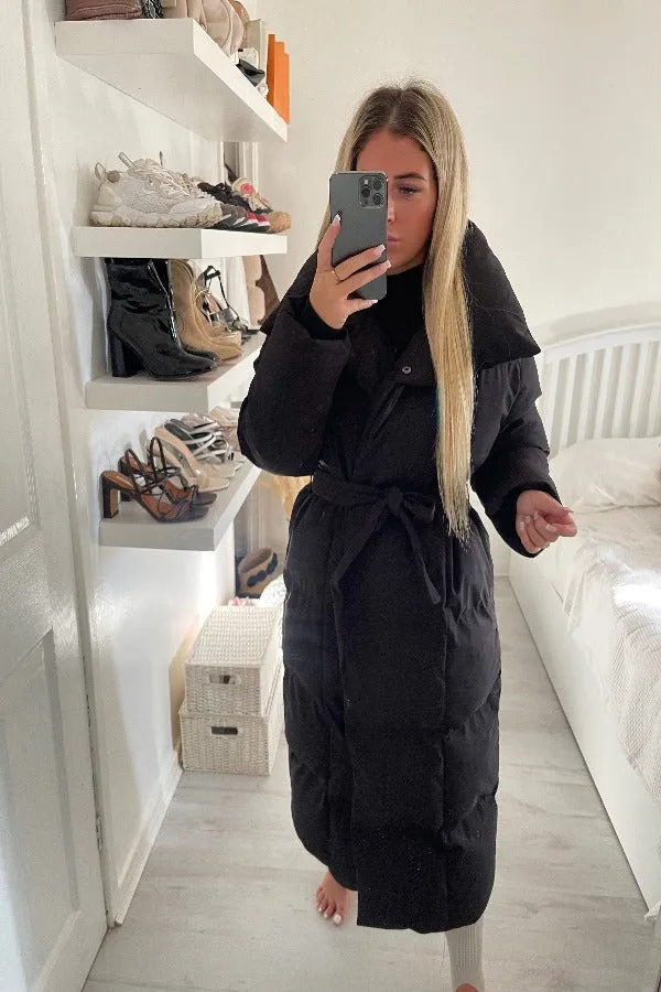 HOODED FAUX FUR TIE UP OVERSIZED BLACK LONG PUFFER COAT