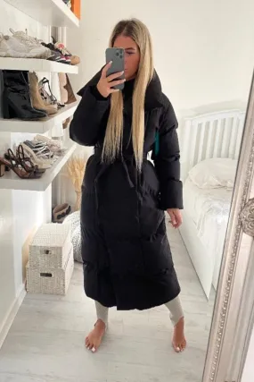 HOODED FAUX FUR TIE UP OVERSIZED BLACK LONG PUFFER COAT