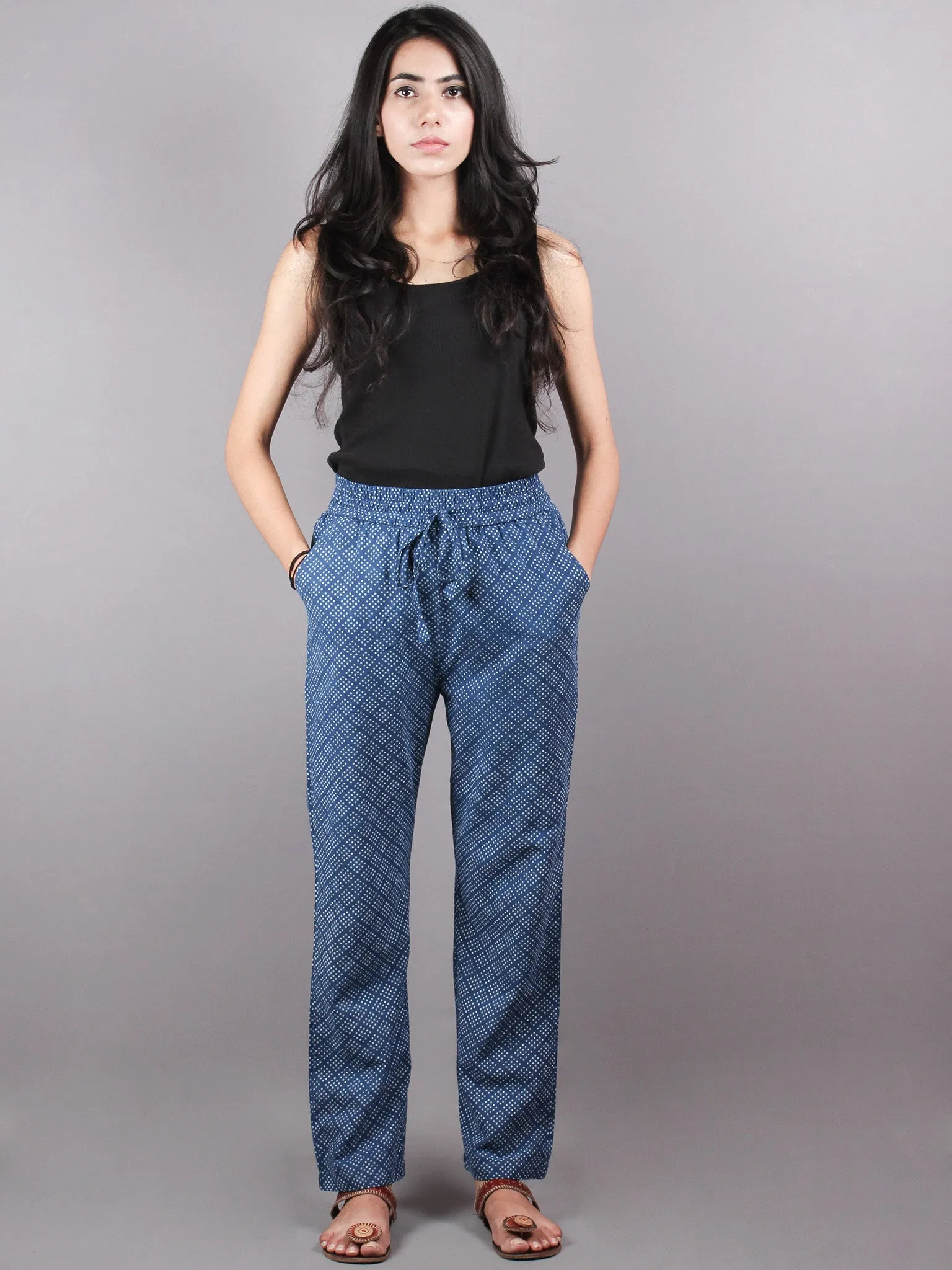 Indigo Hand Block Printed Elasticated Waist Trousers- T0317028