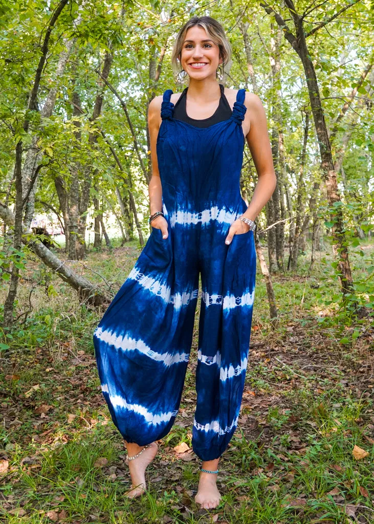 J58- Shibori Blue Tie Dye Hippie Racerback Jumpsuit Romper