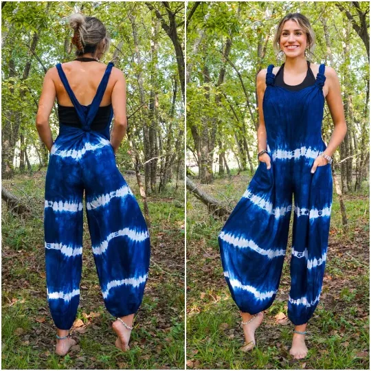 J58- Shibori Blue Tie Dye Hippie Racerback Jumpsuit Romper