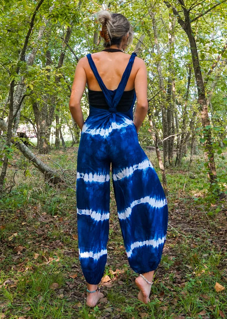 J58- Shibori Blue Tie Dye Hippie Racerback Jumpsuit Romper