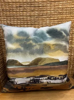 Jane Glue ‘ Winter Sunset over Hoy Hills ' Velvet Cushion