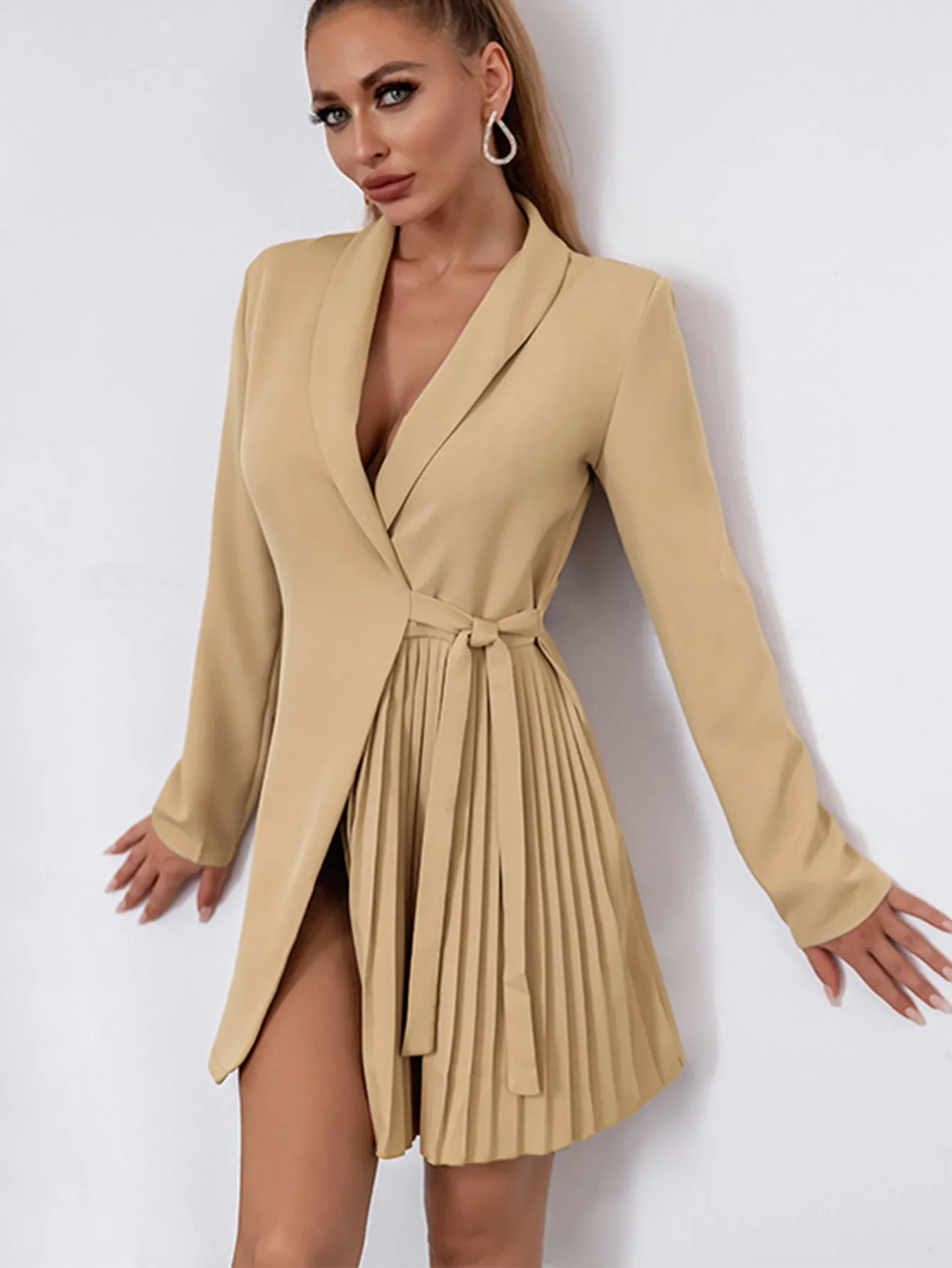 KittenAlarm - Shawl Collar Pleated Panel Knot Side Blazer Dress