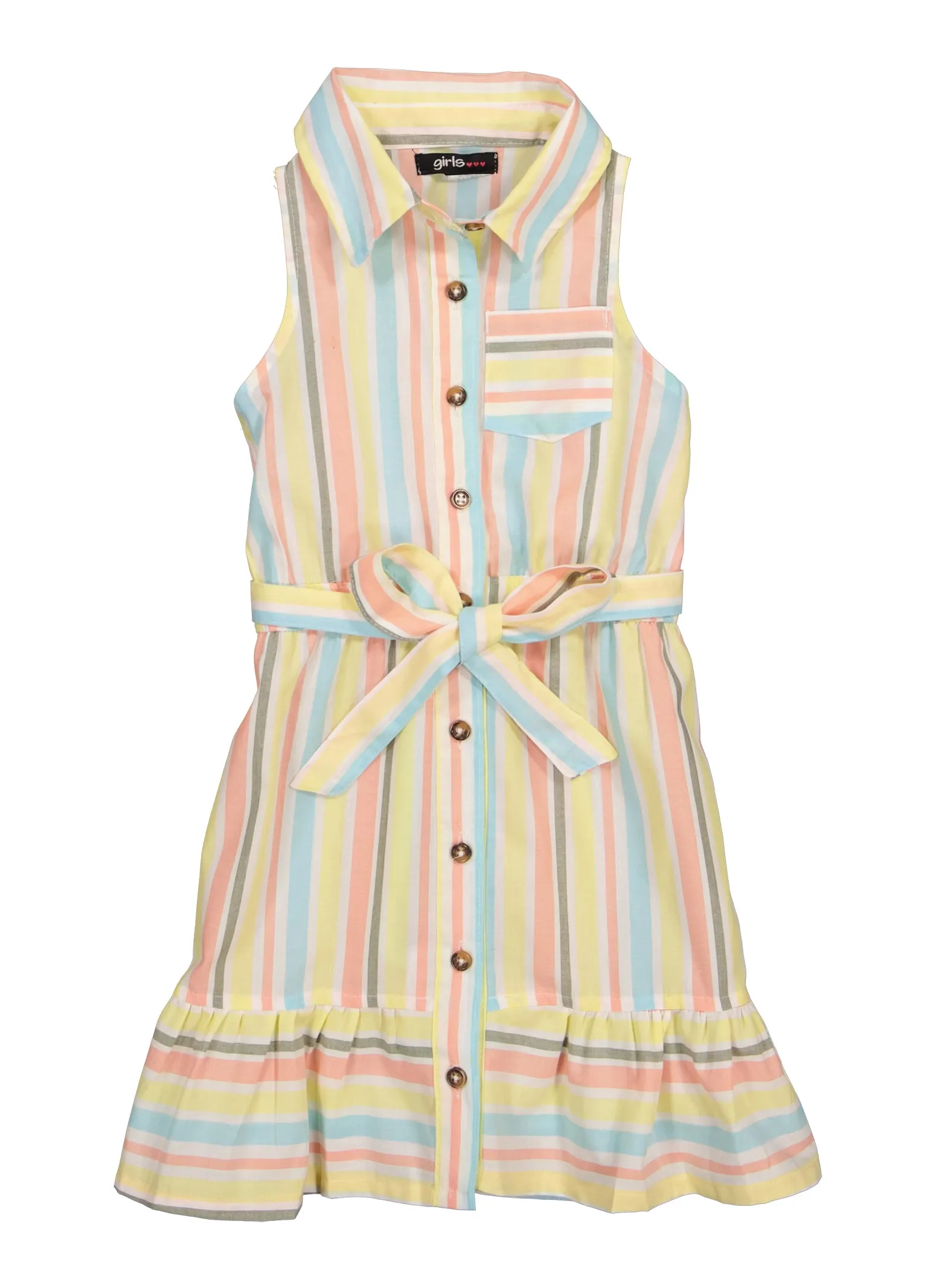 Little Girls Sleeveless Striped Tie Waist Belted Dress