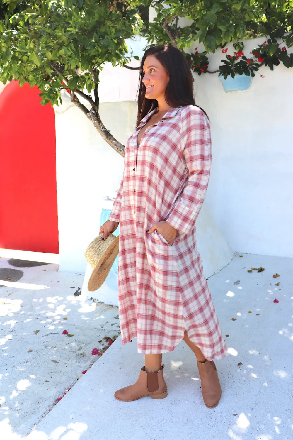 Long Shirt Dress in Red Check