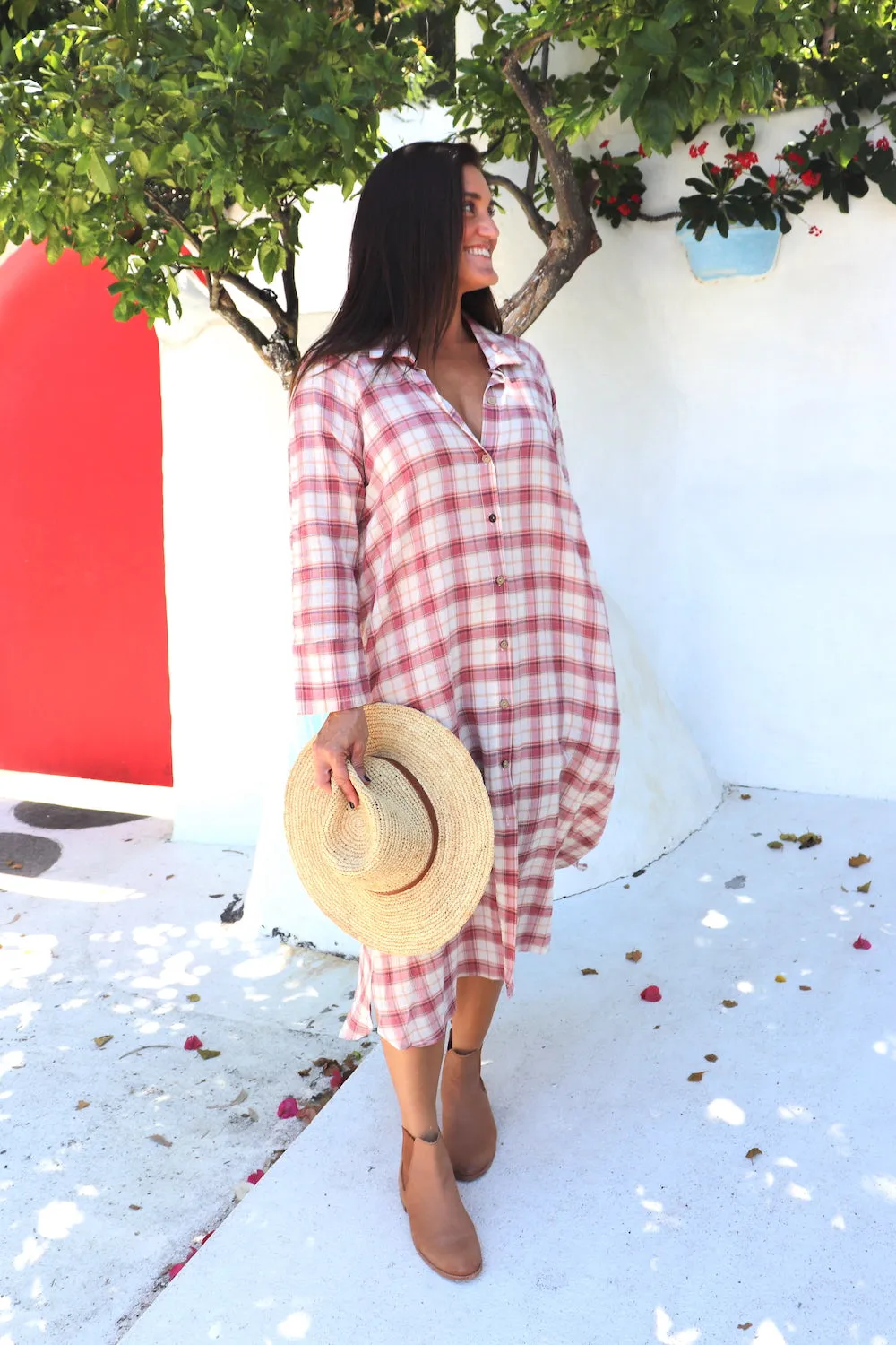 Long Shirt Dress in Red Check