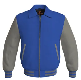 Luxury Bomber Classic Jacket Royal Blue Body and Gray Leather Sleeves