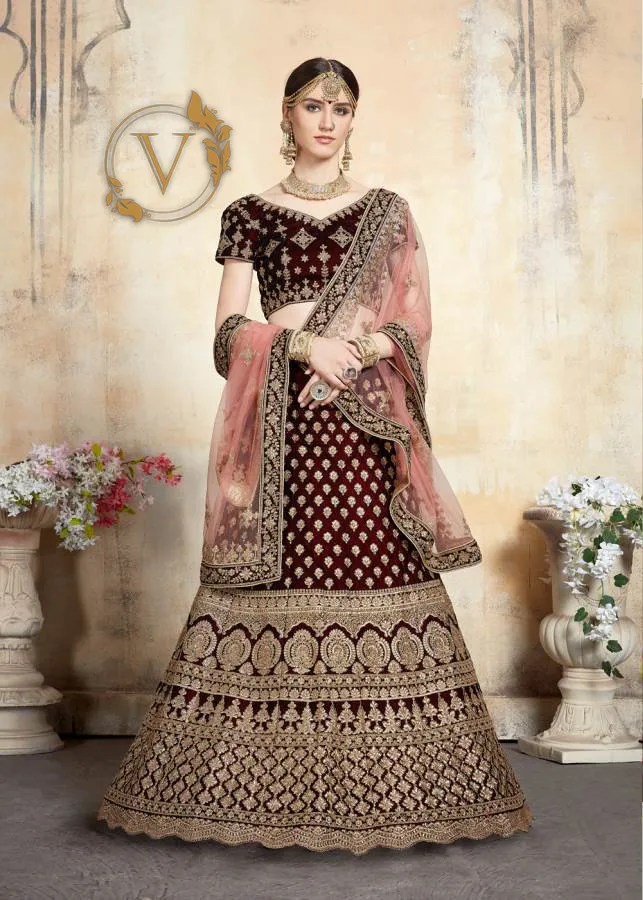 Maroon 5 Embroidered Velvet Lehenga with Dupatta